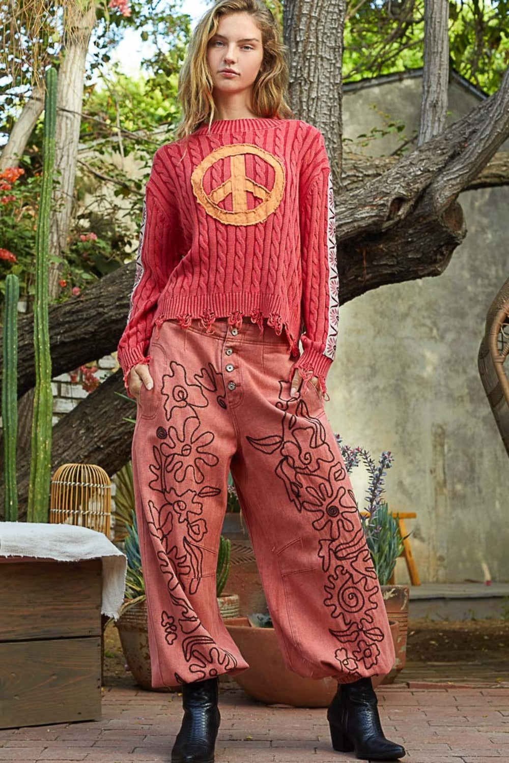 Maxct &POL Washed Peace Patch Cable Knit Sweater