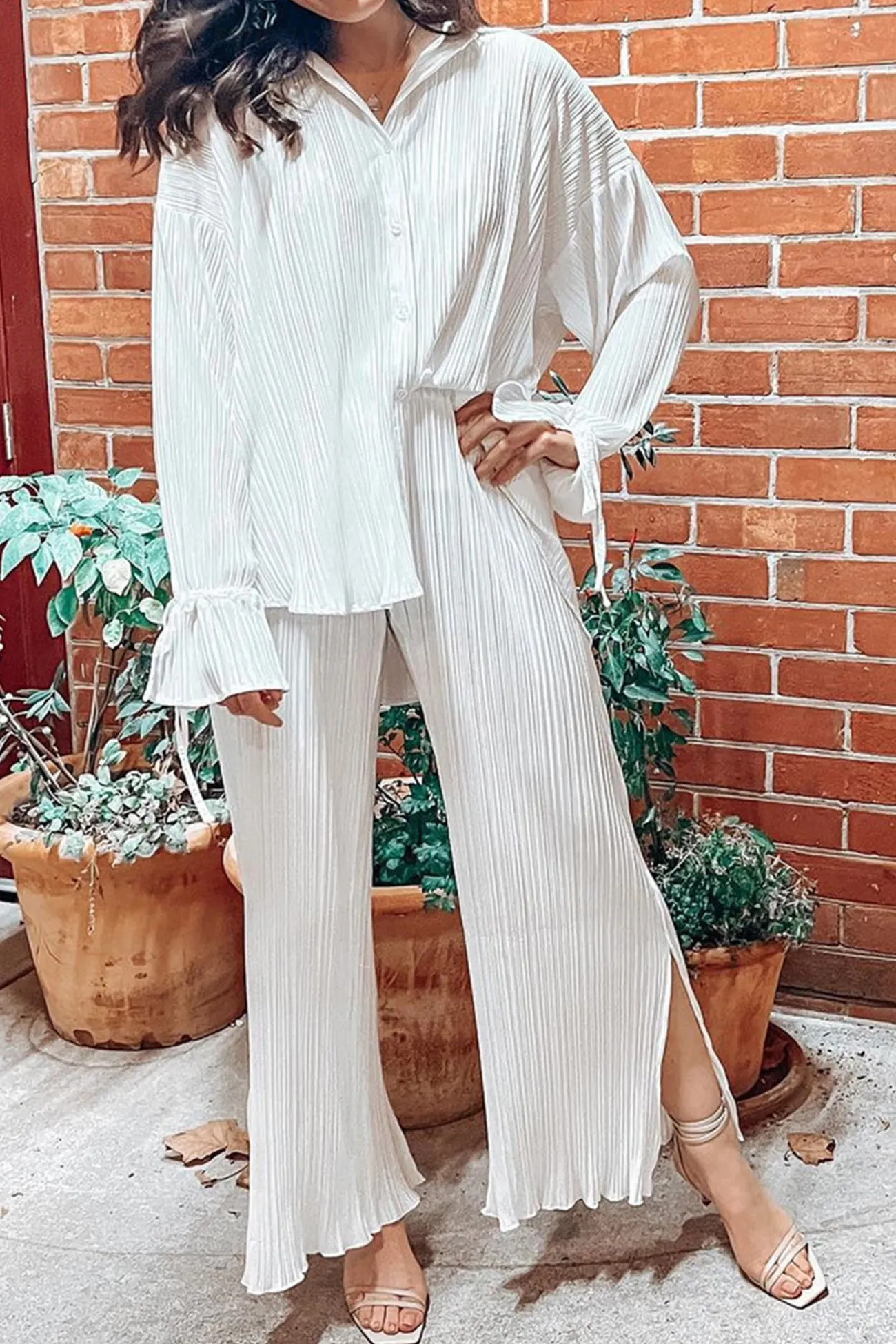 Maxct Pleated Blouse Slit Long Pants Set