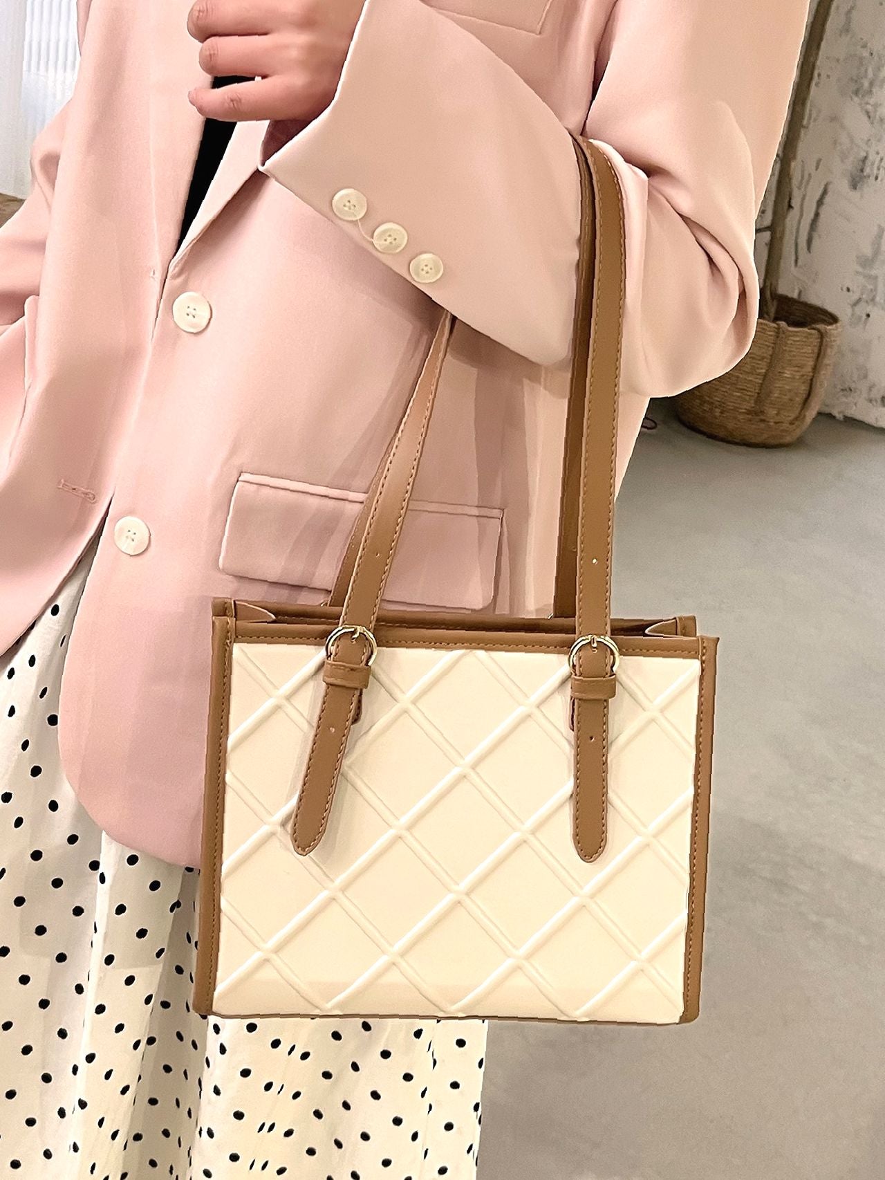 Maxct - Two Tone Textured Shoulder Tote Bag  - Women Tote Bags