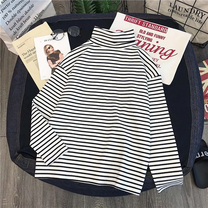 Maxct T-Shirts Women Long Sleeve Striped Solid Turtleneck Bottoming Shirt Korean Fashion All-Match Simple Loose Soft Tops New