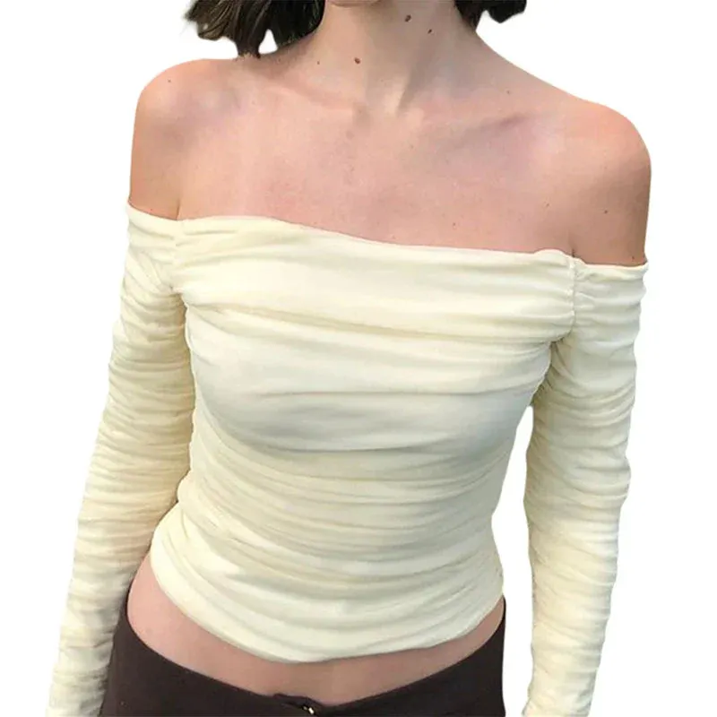 Maxct Autumn Spring Korean Off Shoulder T-shirt Chic Vintage Backless Slim Fit Crop Tops Women Fairy Coquette Tees Y2K Pretty Outfits
