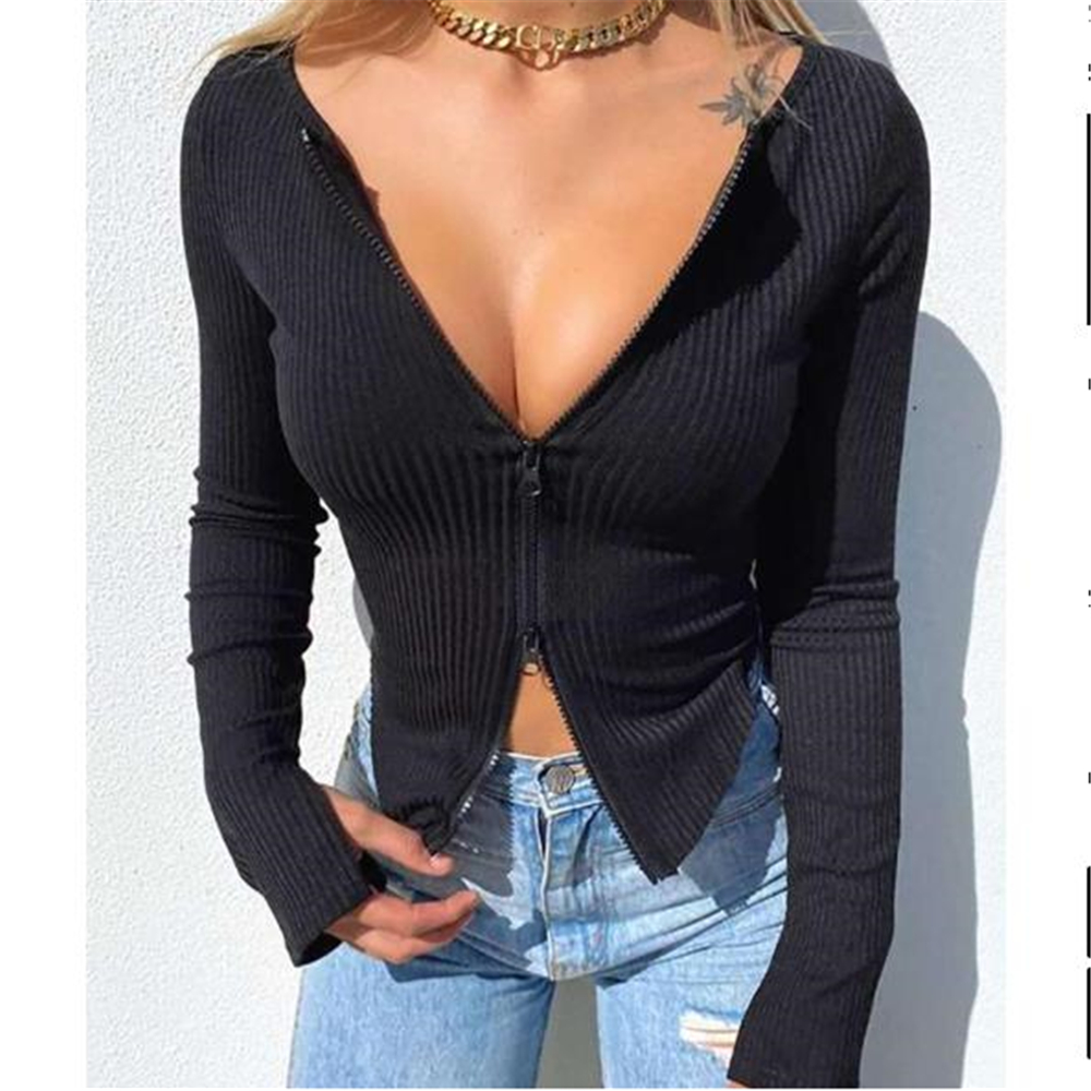 Chic Women Double Zipper Up Rib Knitted T-shirt Spring Autumn Long Sleeve Slim Fit Basic Tees 90s Vintage Elegant Crop Tops