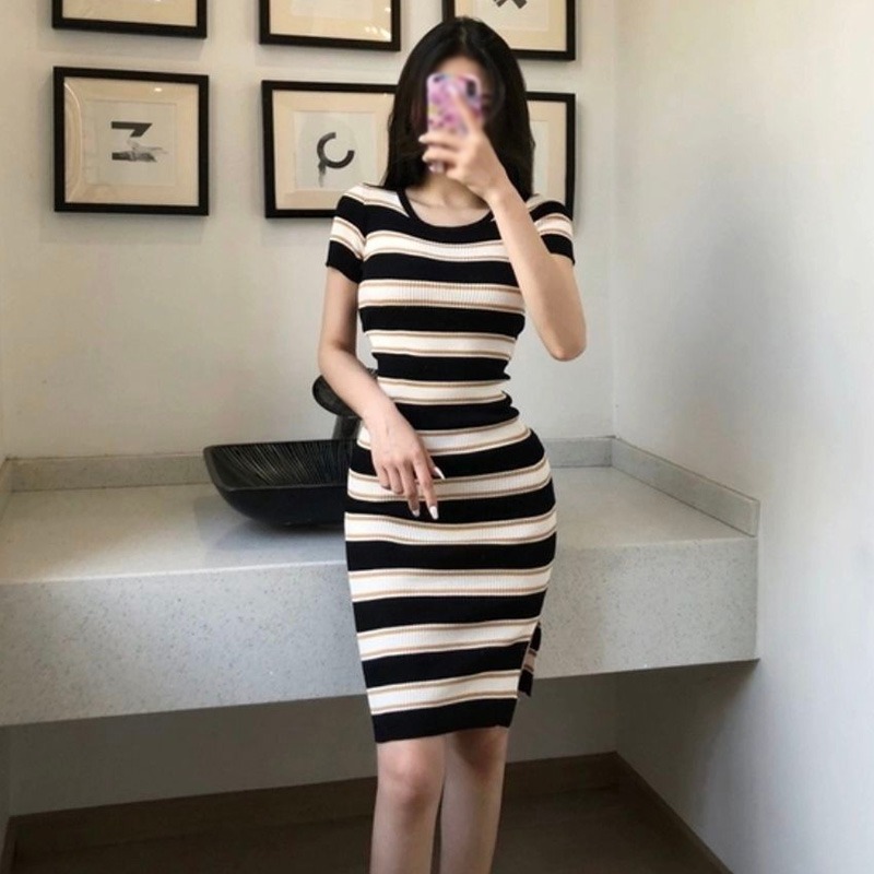 Maxct Women Elegant Maxi Strip Knit DressesA Line Casual Clothes Pullover Midi Robe Short Sleeve High Waist Ribbed Sexy Vestidos