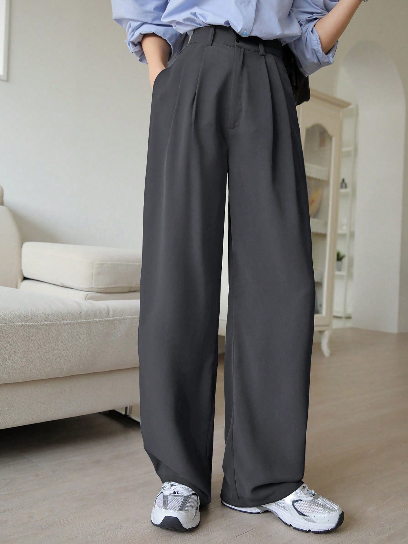 Maxct Women's Solid Color Pleated Wide Leg Suit Pants For Casual Work