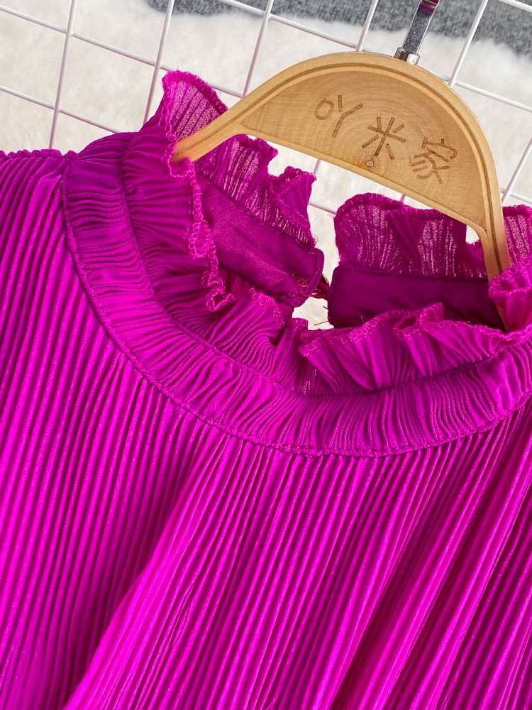 Maxct Women Pleated Midi Dress Purple/Red/White Stand Collar Short Flare Sleeve High Waist A-Line Ruffle Party Vestidos Female