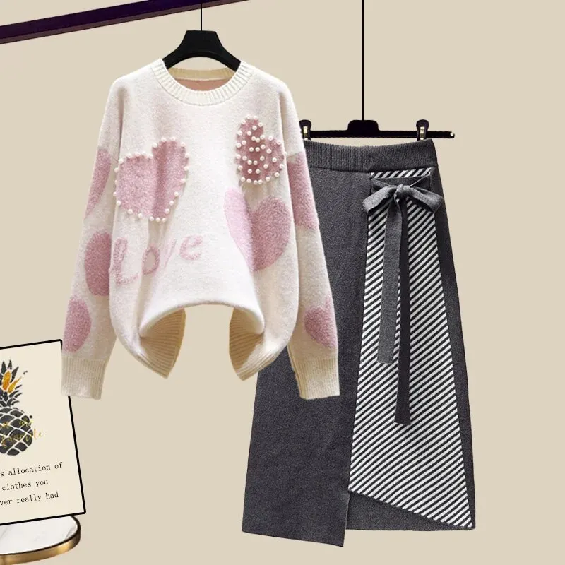 Maxct Lazy Sweater Two Piece set Women Sweet Heart-shaped beaded Pullover Jumper Top + Irregular Striped Skirt Knit 2PCS Sets