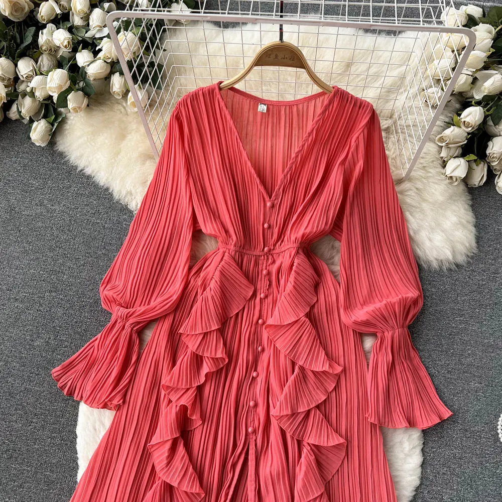 Chiffon Pleated Long Dress Women Vintage V-Neck Flare Sleeve Draped Ruffle Vestido Female Maxi Robe Spring Fall 1215-1