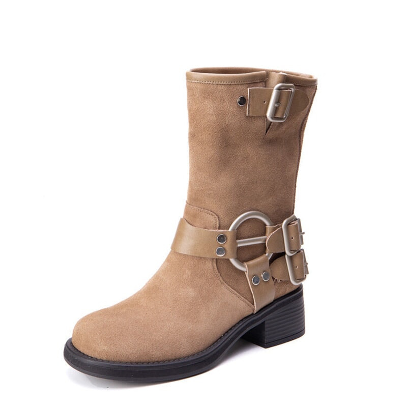 Suede Short Boots Buckle Boots Big Round Toe Maxct