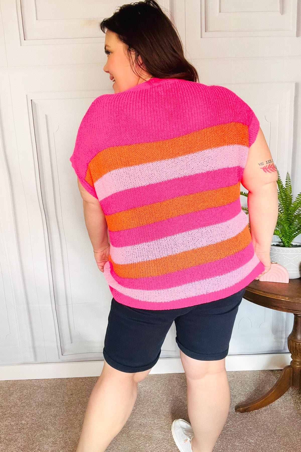 Maxct &Feeling Bold Fuchsia & Orange Stripe Short Sleeve Dolman Sweater