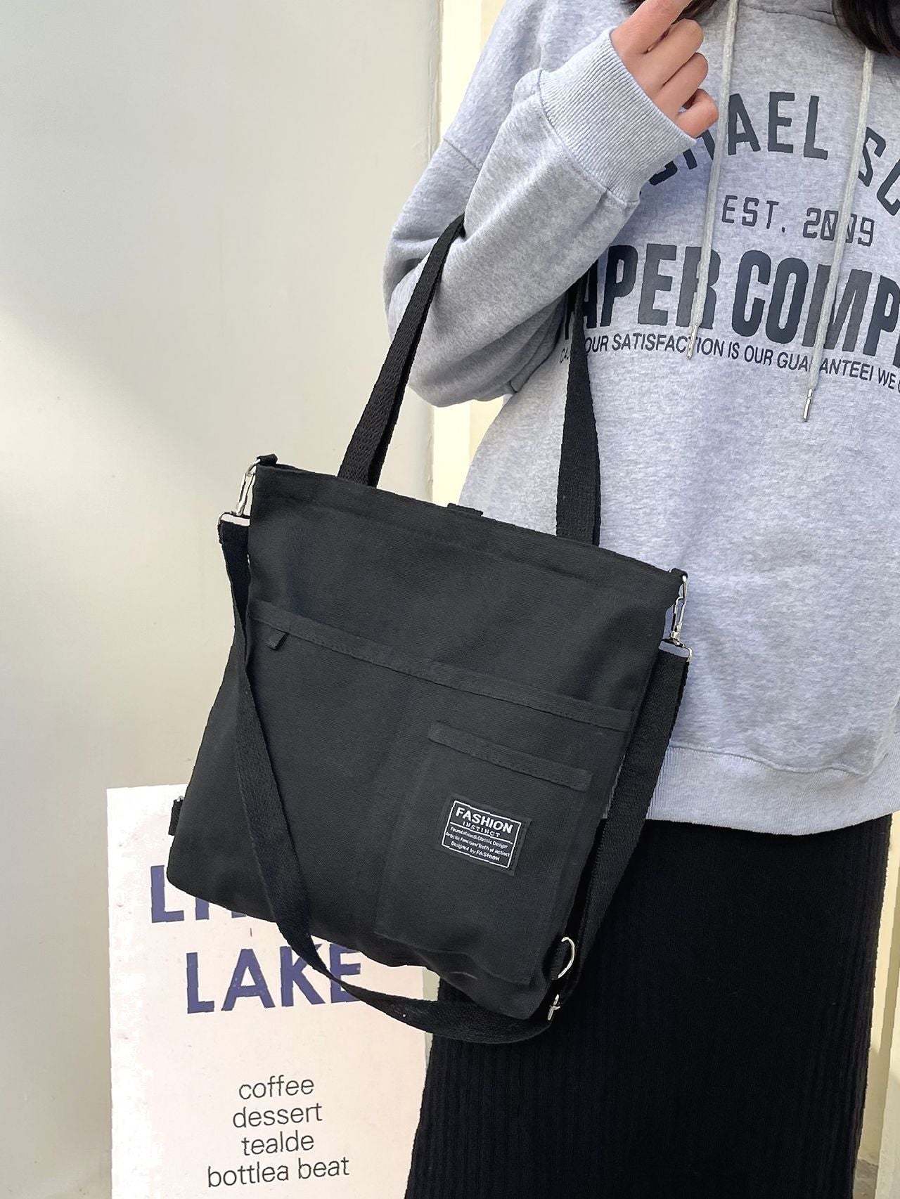Maxct - Letter Graphic Shopper Bag with Bag Charm  - Women Tote Bags