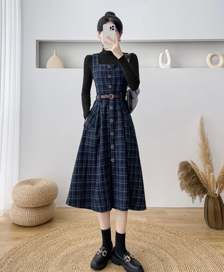 Button Up Plaid Pinafore Dress Maxct