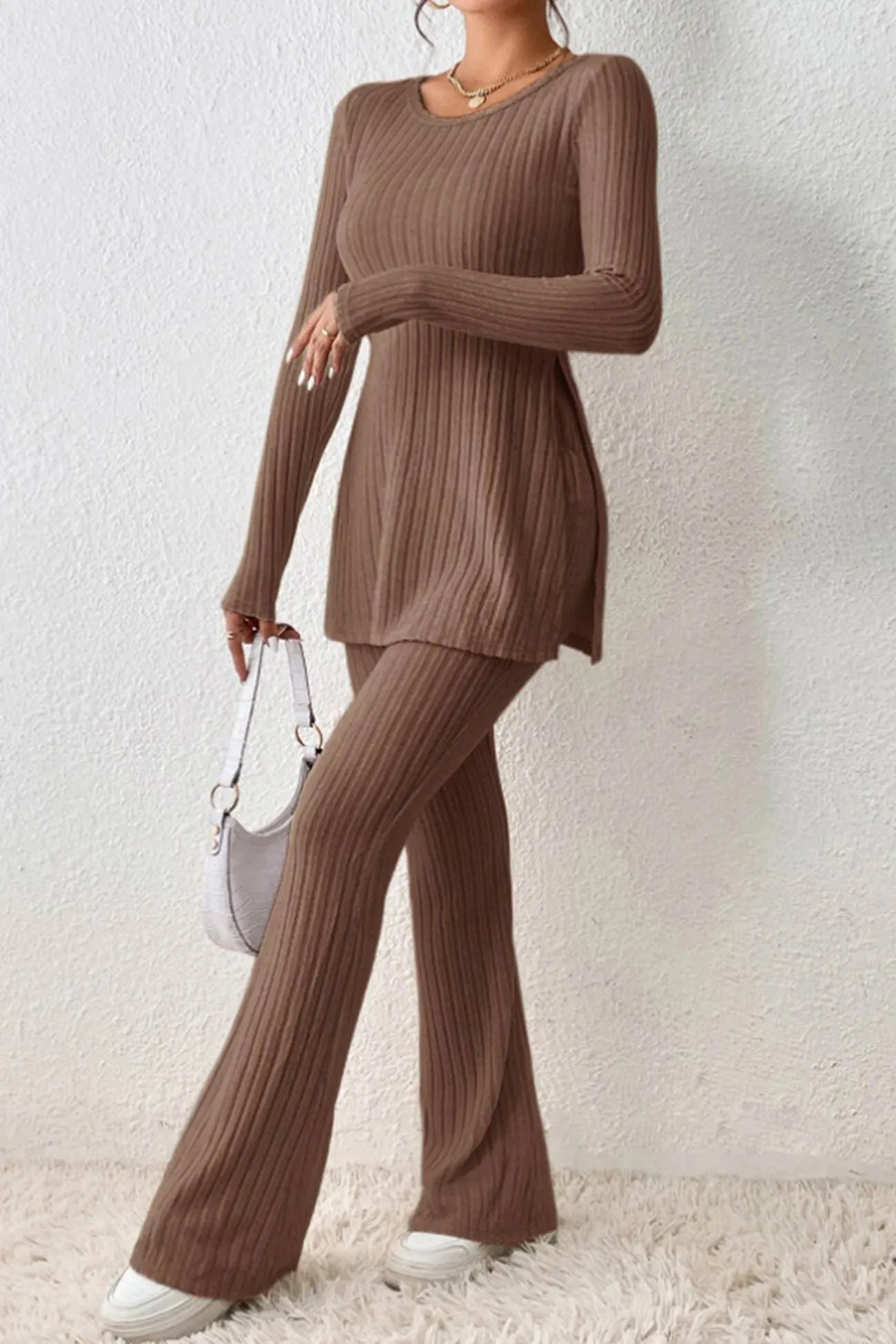 Maxct Ribbed Knit Slit Hem Tops Flares Long Pants Set