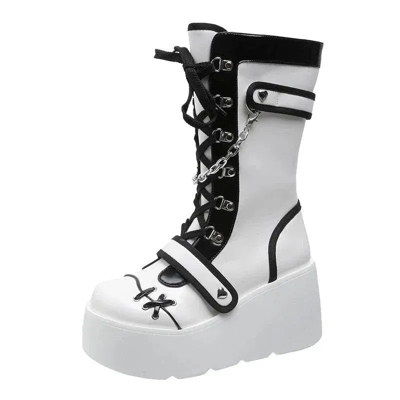 Platform Wedge Women's Punk Boots Black and White Gothic Style Maxct