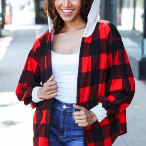 Maxct &Stepping Out Red Buffalo Plaid Ribbed Hooded Sweater