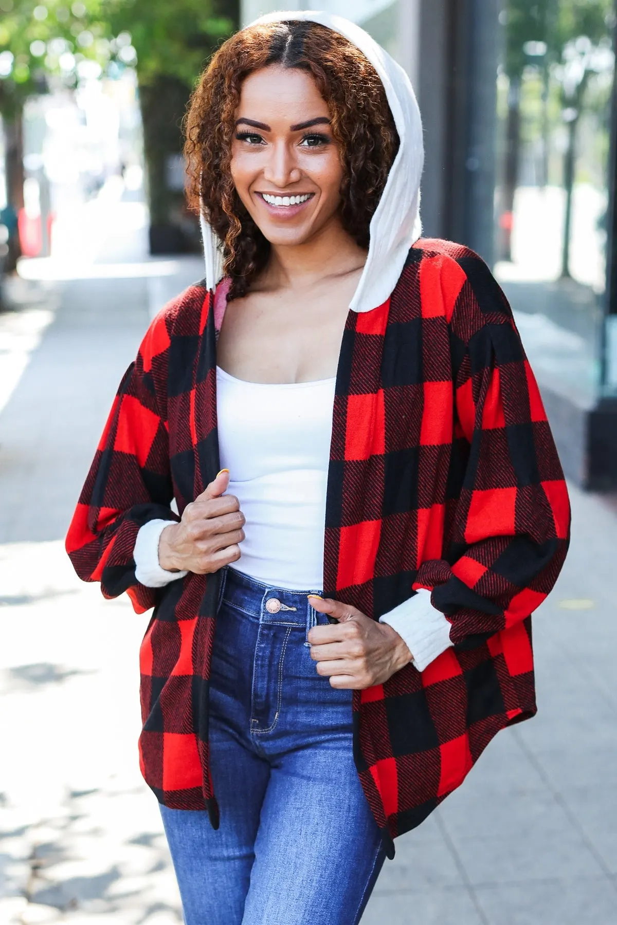 Maxct &Stepping Out Red Buffalo Plaid Ribbed Hooded Sweater