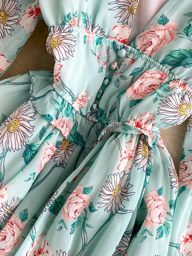 Maxct Women Green/Purple/Beige Floral Chiffon Dress Bohemian V-Neck Lantern Long Sleeve High Waist Ruffle Vestidos Female New