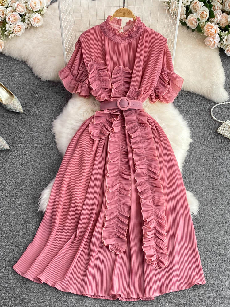 Women's Pleated Midi Dress Purple/Red/White Stand Collar Short Flare Sleeve High Waist A-Line Ruffle Party Vestidos Female