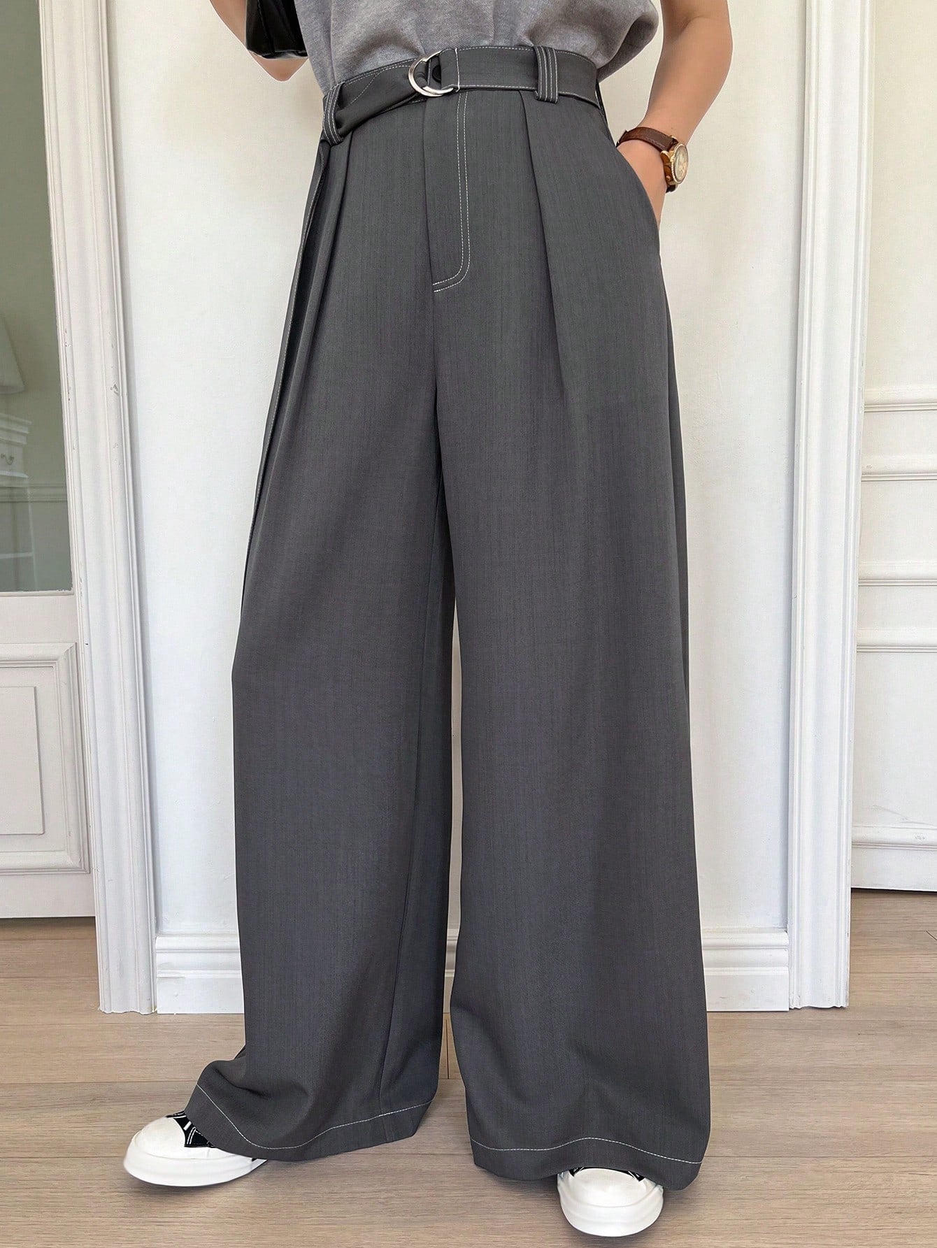 Maxct Stitching Decor Belted Wide-Leg Trousers With Pockets For Women's Suit Pants