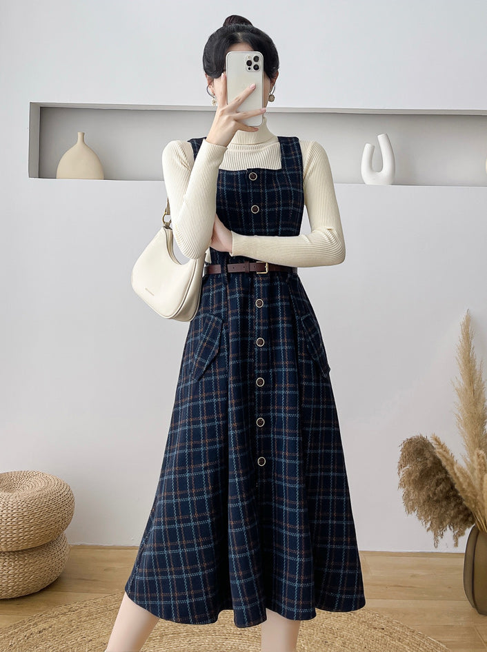Button Up Plaid Pinafore Dress Maxct