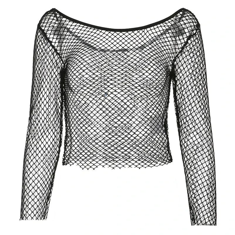 Maxct Harajuku Hollow Out See Through Crop Top Gothic Fishnet Mesh T-Shirts Grunge Mall Goth Women Summer Beach Cover-ups