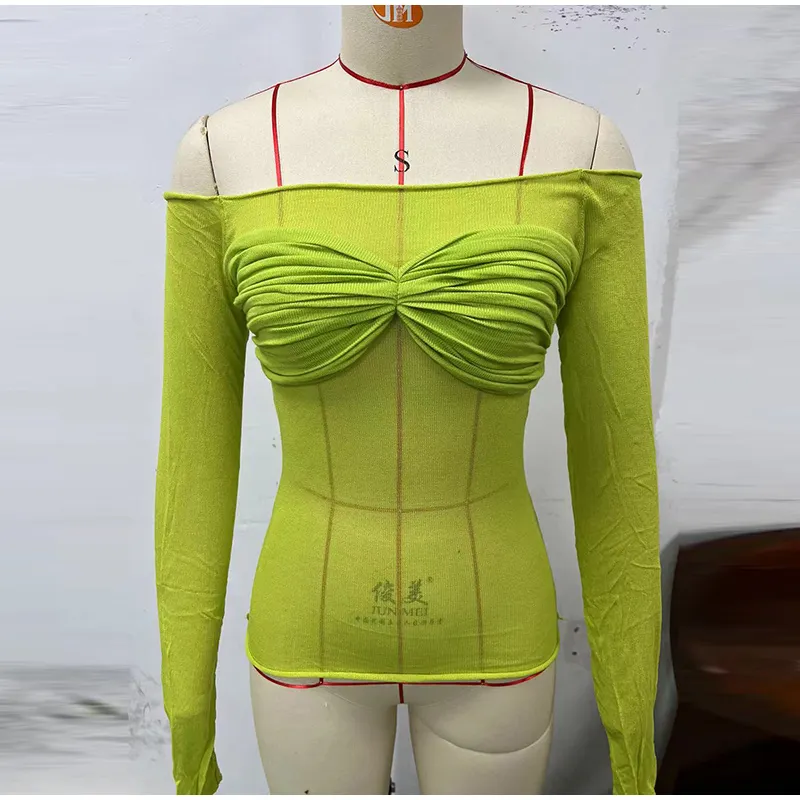 Sexy Transparent Off Shoulder Shirts Women Slim Fit Solid Perspective Thin T-Shirt Female Autumn Chic Elegant Daily Tops