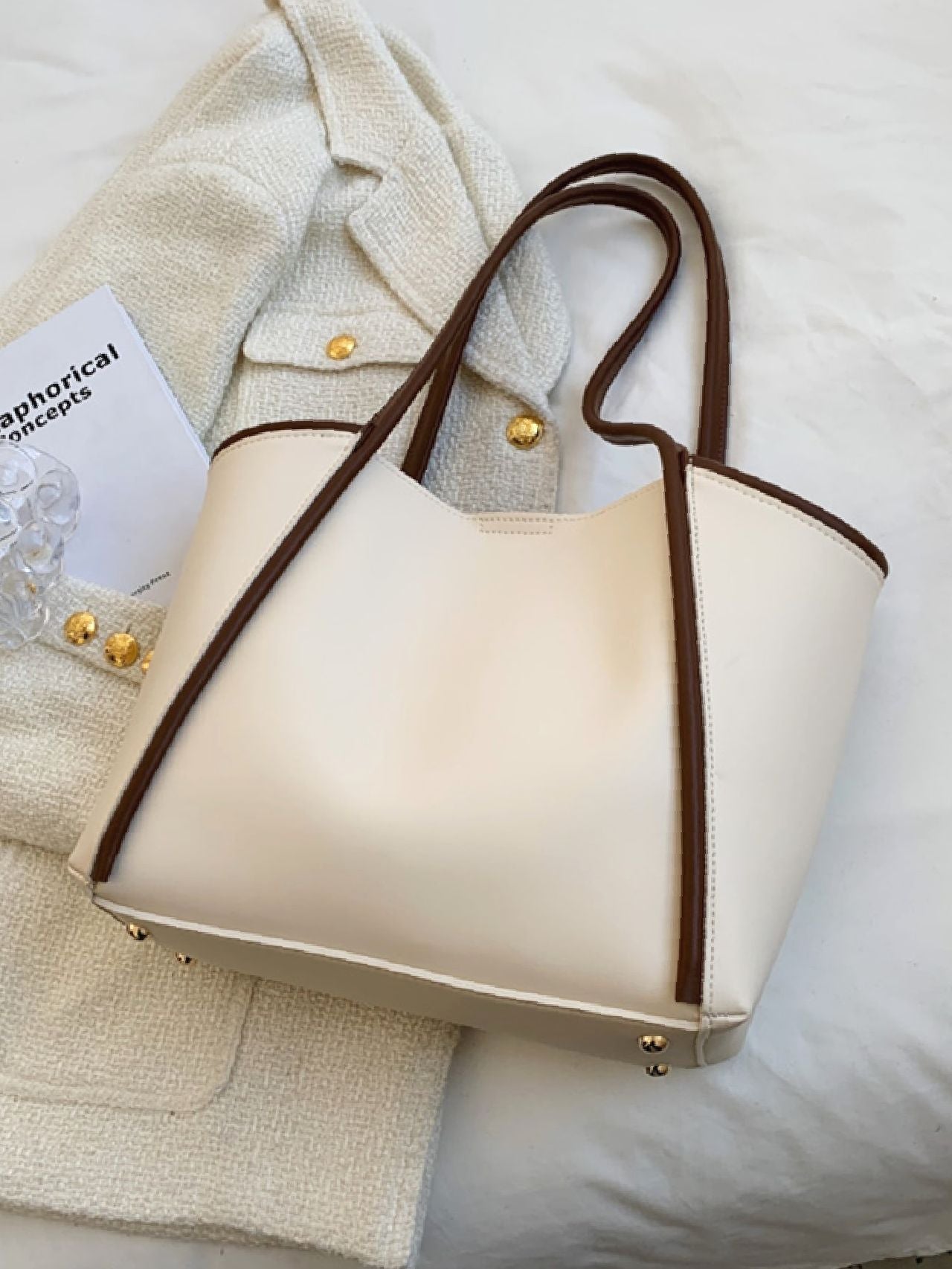 Maxct - Contrast Binding Tote Bag with Inner Pouch  - Women Tote Bags