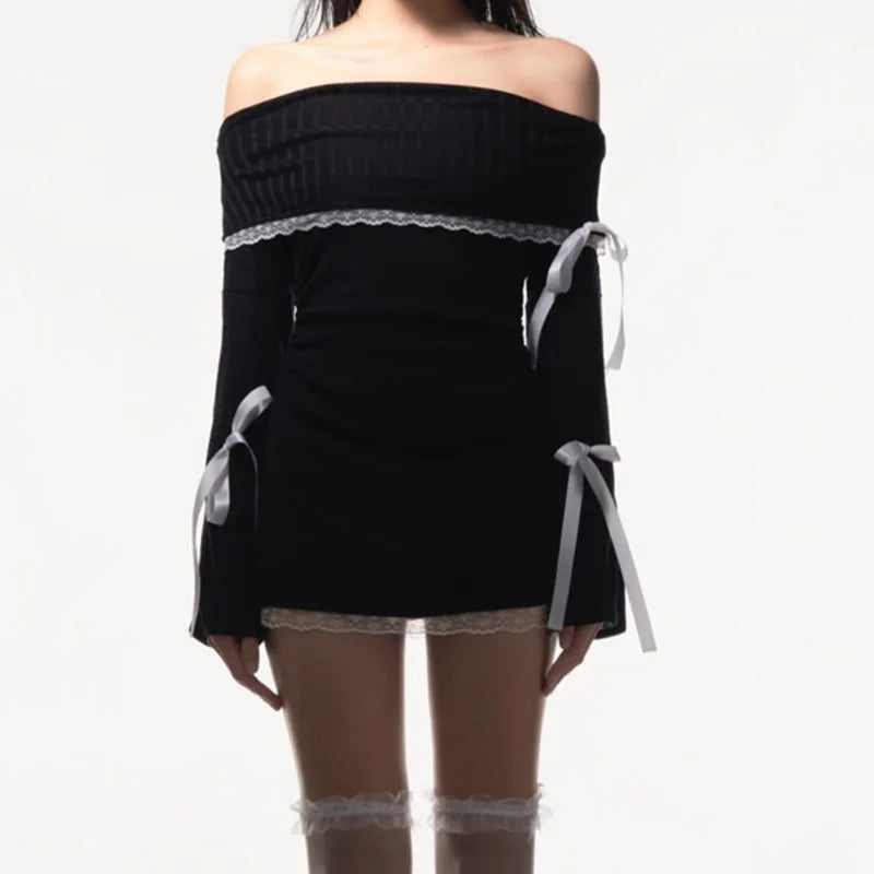 Maxct-Strapless Sexy Black Dress Women Autumn Off Shoulder Long Sleeves Lace Knitting Bandage Mini Dresses Slim Elegant Club Partywear