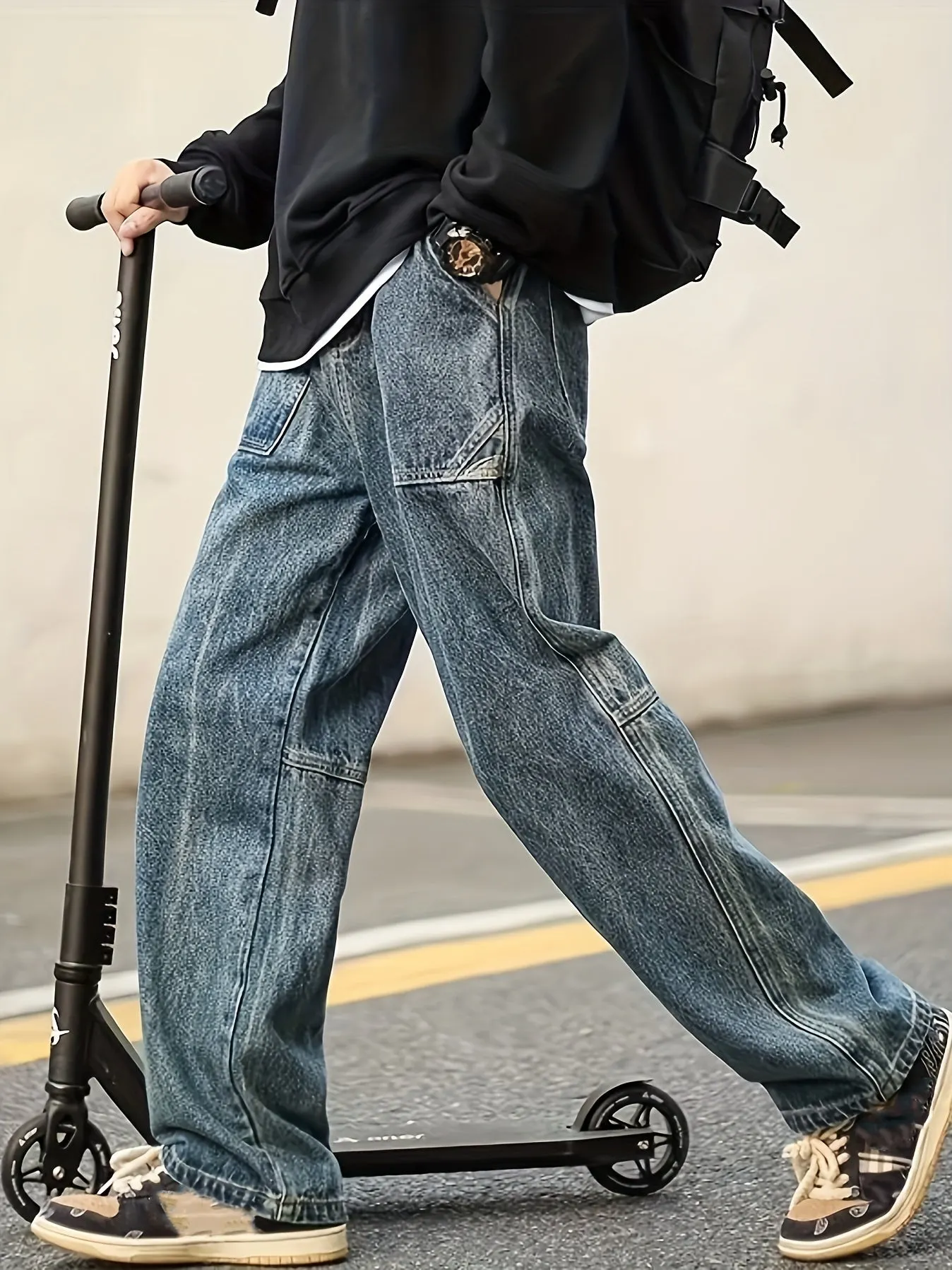 Maxct  Wide Leg Cotton Jeans, Men's Casual Street Style Patchwork Denim Pants For Spring Summer
