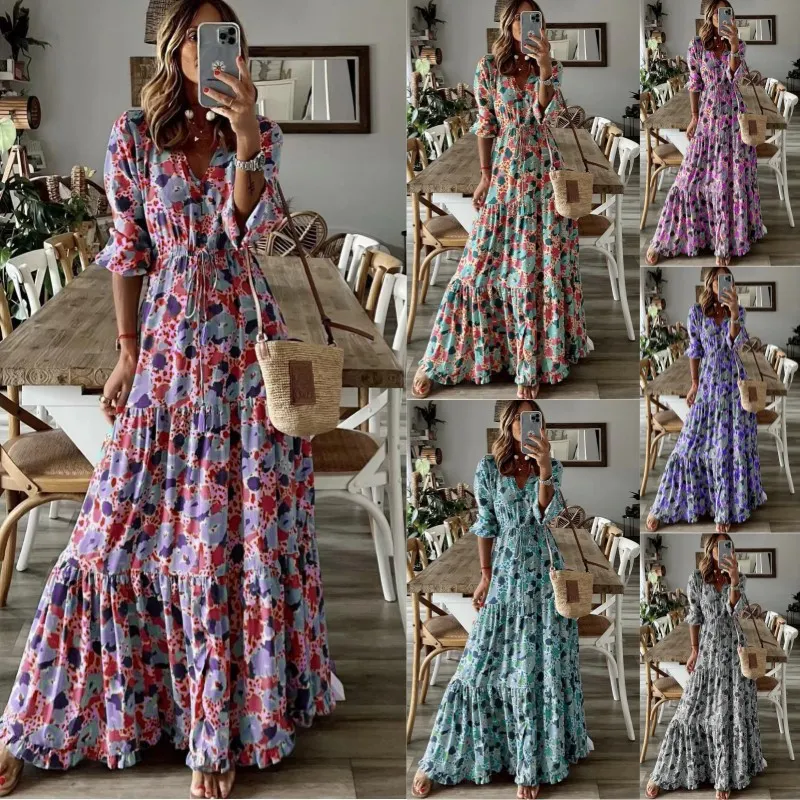 Maxct Maxct Summer New Women's Wear Temperament Holiday V Collar Print Large Place Long Dress