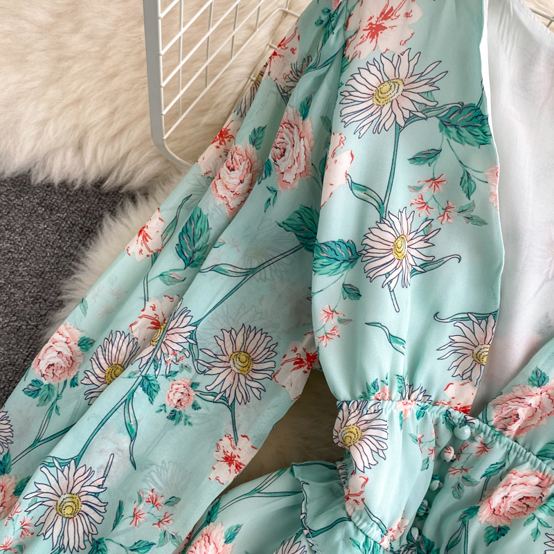 Women's Green/Purple/Beige Floral Chiffon Dress Bohemian V-Neck Lantern Long Sleeve High Waist Ruffle Vestidos Female New