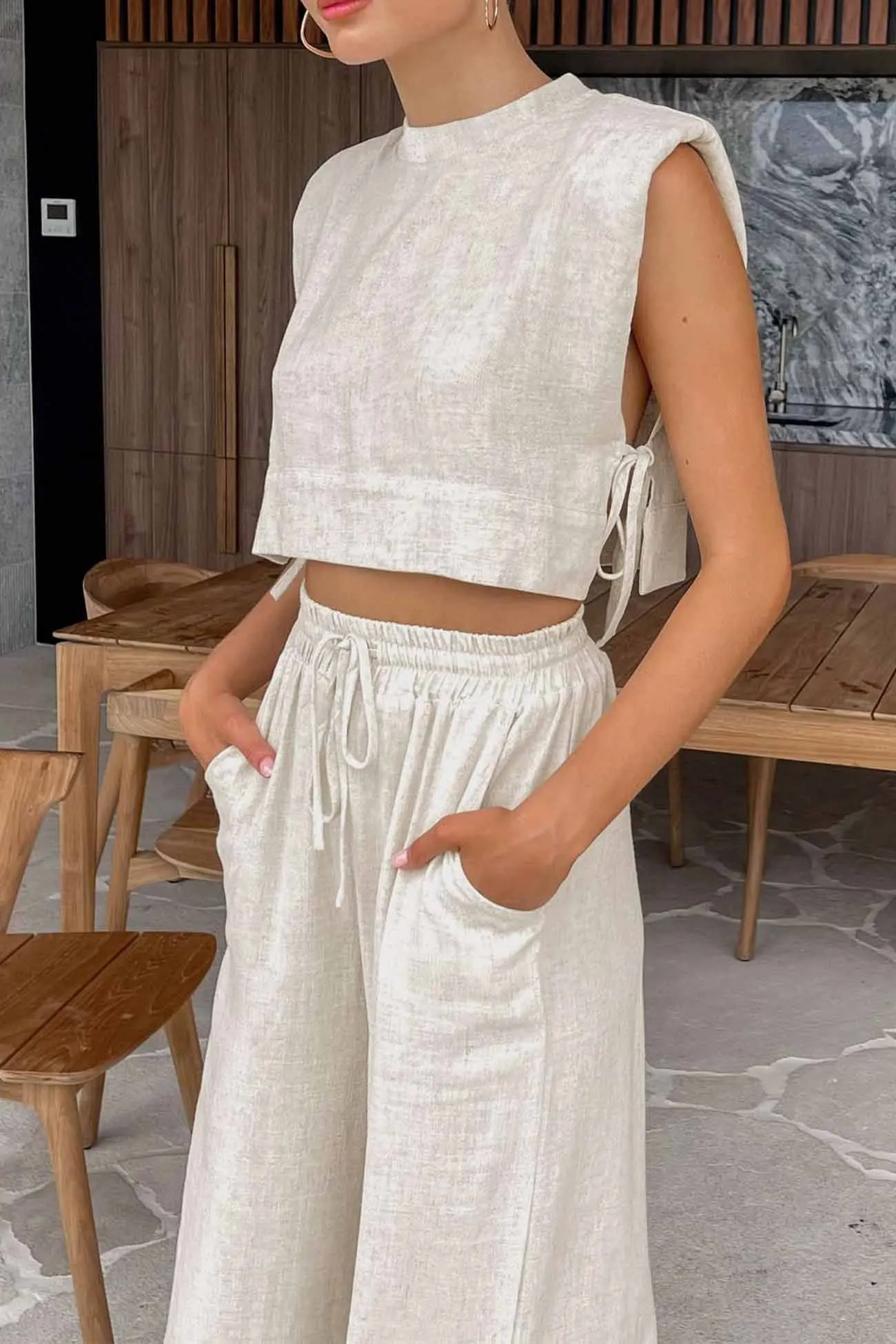 Maxct Linen Crop Tops Sleeveless Lace Up Pant Set