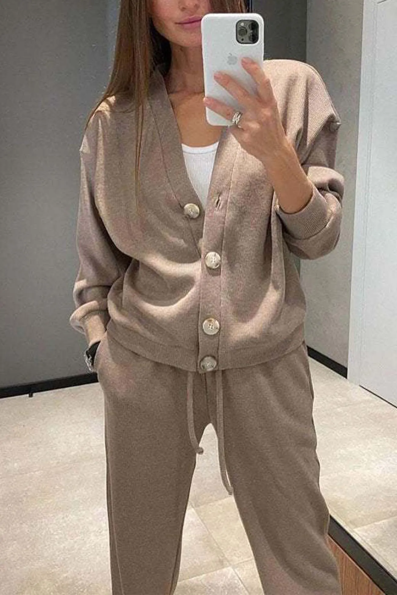Maxct Solid Color Button Down Cardigan Long Pants Set