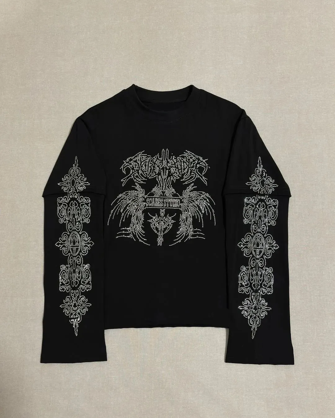 Maxct Y2k Round Neck Long Sleeved Hip-Hop Rap Vintage Hot Diamond Pattern T-Shirt Streetwear Oversize Sweatshirt Tops With Contrasting