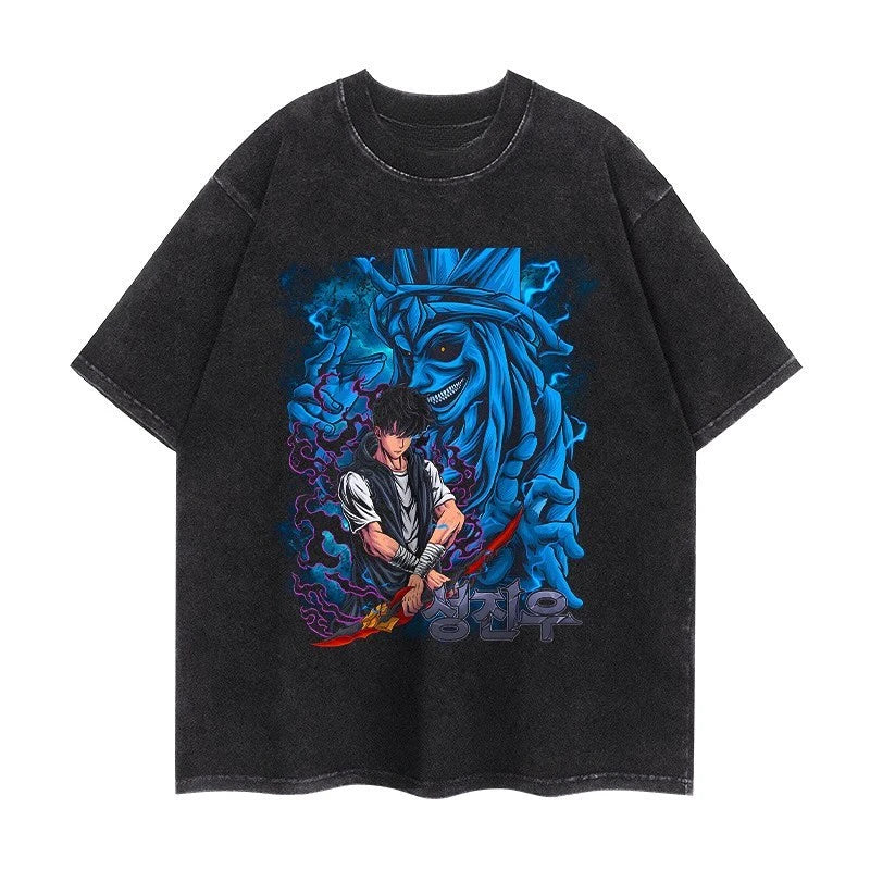 Maxct 90s Streetwear Solo Leveling Anime T Shirt Men Harajuku Printed Pattern Men Clothing Streetwear Oversized Tops Graphic Cotton Short Sleeve