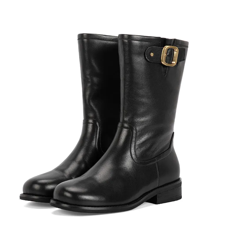 Womens Retro Mid Calf Boots with Short Plush Lining for Cold Winter Black/Blue Maxct