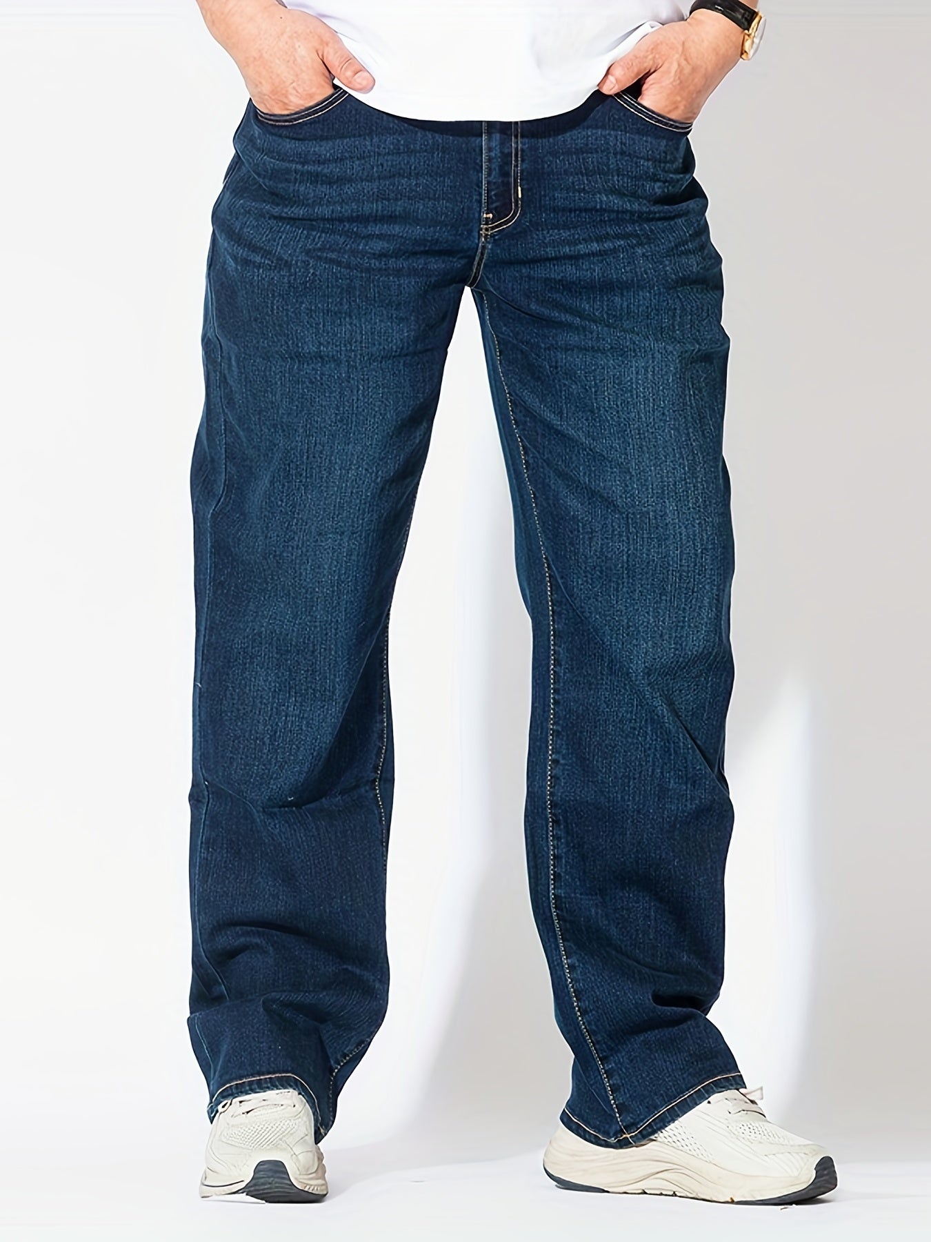 Maxct  Plus Size Men's Mid Rise Dark Indigo Stretch Straight Leg Comfortable Fit Jeans, Mens Casual Trendy S Clothes