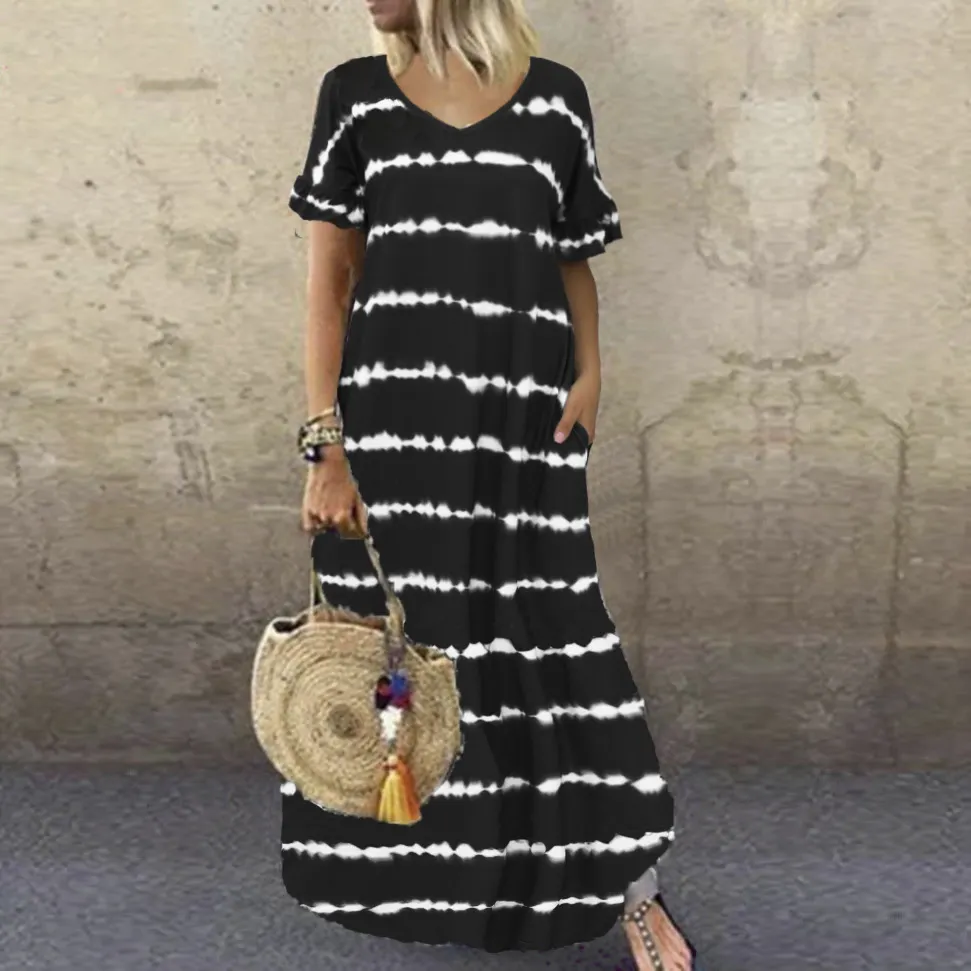 Maxct Maxct Summer Dress Wishv-Neck Lotus Sleeve Striped Print Dress Plus Size Casual Dress