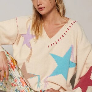 Maxct &POL V-Neck Long Sleeve Star Fringe Sweater