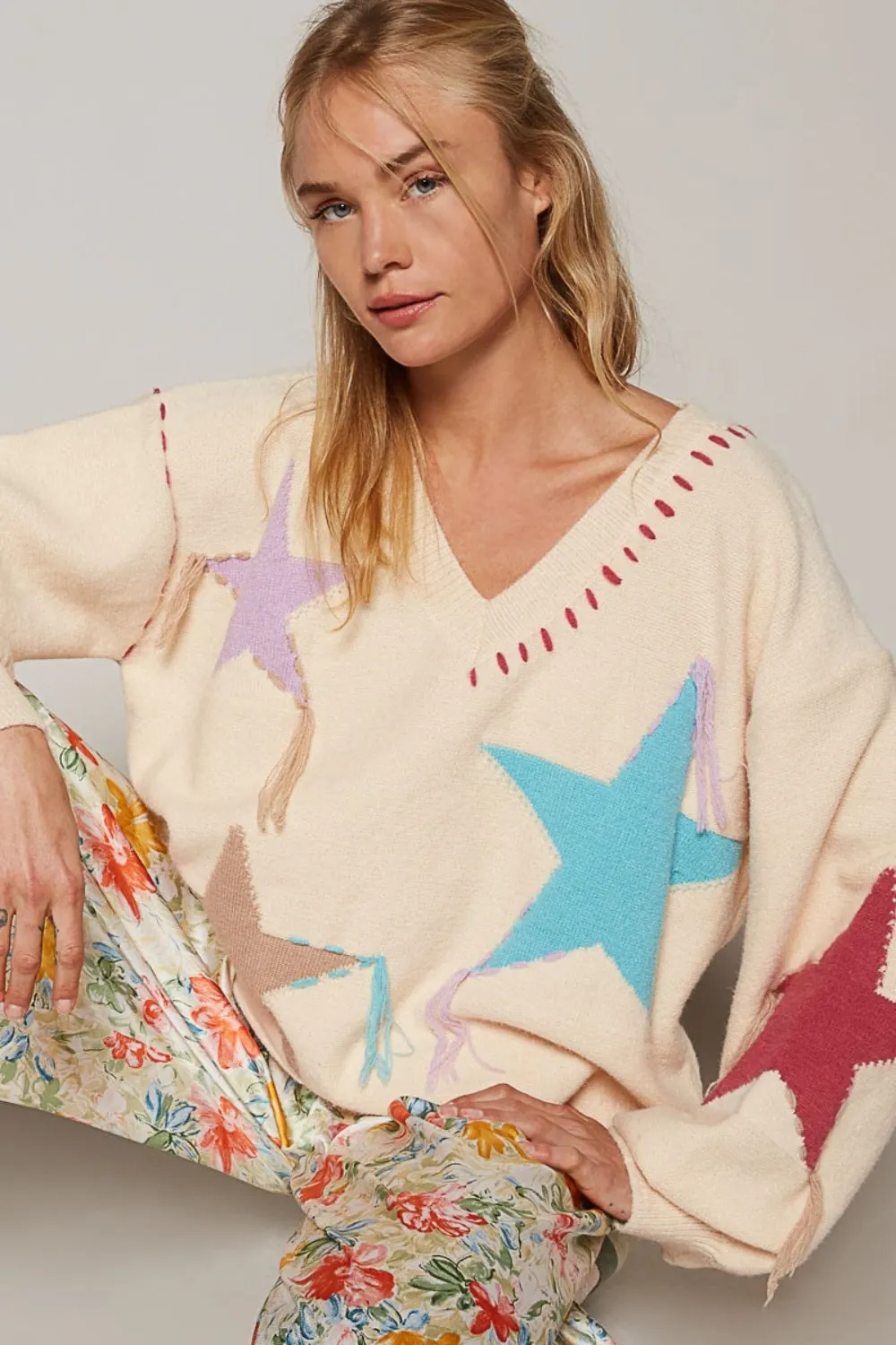 Maxct &POL V-Neck Long Sleeve Star Fringe Sweater