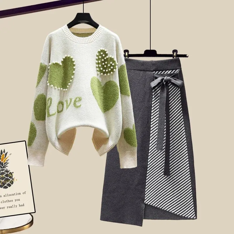 Maxct Lazy Sweater Two Piece set Women Sweet Heart-shaped beaded Pullover Jumper Top + Irregular Striped Skirt Knit 2PCS Sets