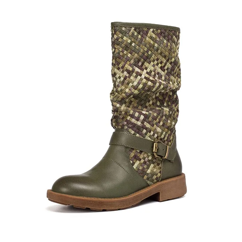 Woven Boots Mid Calf Color Blocking Design Riding Boots Maxct