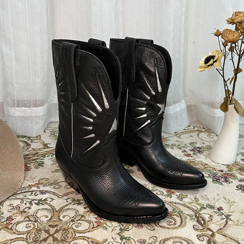 Womens Western Contrast-stitching Cowboy Boots - Suede Khaki/Black Cowgirl Boots Maxct