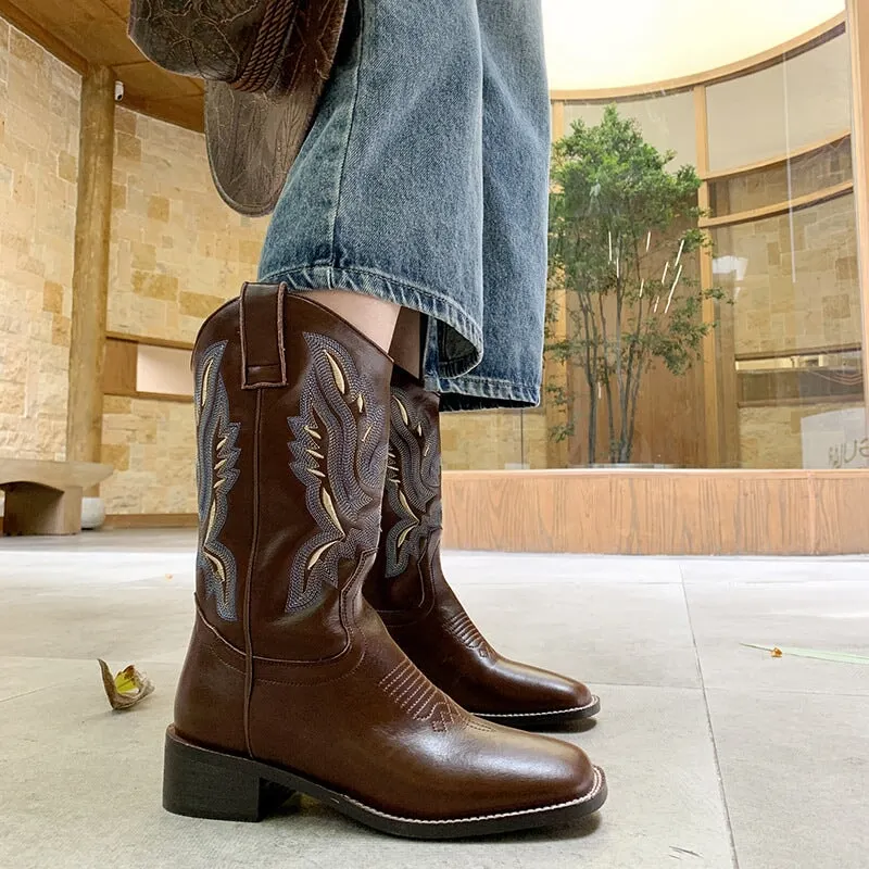 Western Bootss Mid Calf Boots Embroider- Black/Brown/Coffee Roper Cowgirl Boots Maxct