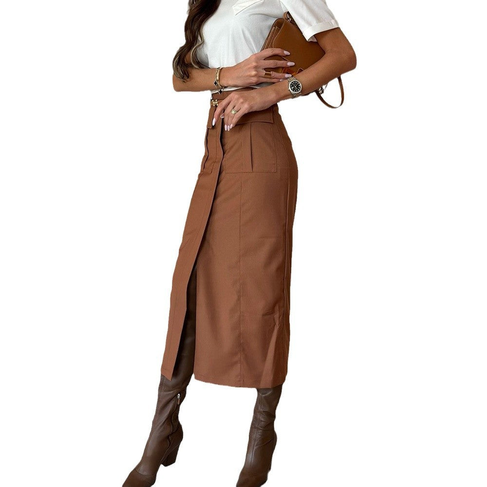 Work Dress: Brown Slit And Body-Hugging Skirt Maxct