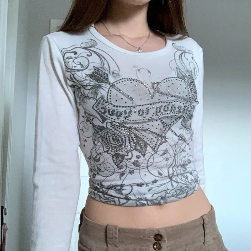 Maxct Graphics Print Y2K Retro T Shirt Indie Aesthetics Mall Goth Sweats Tees Autumn Spring Long Sleeve Crop Tops 90s Vintage Grunge