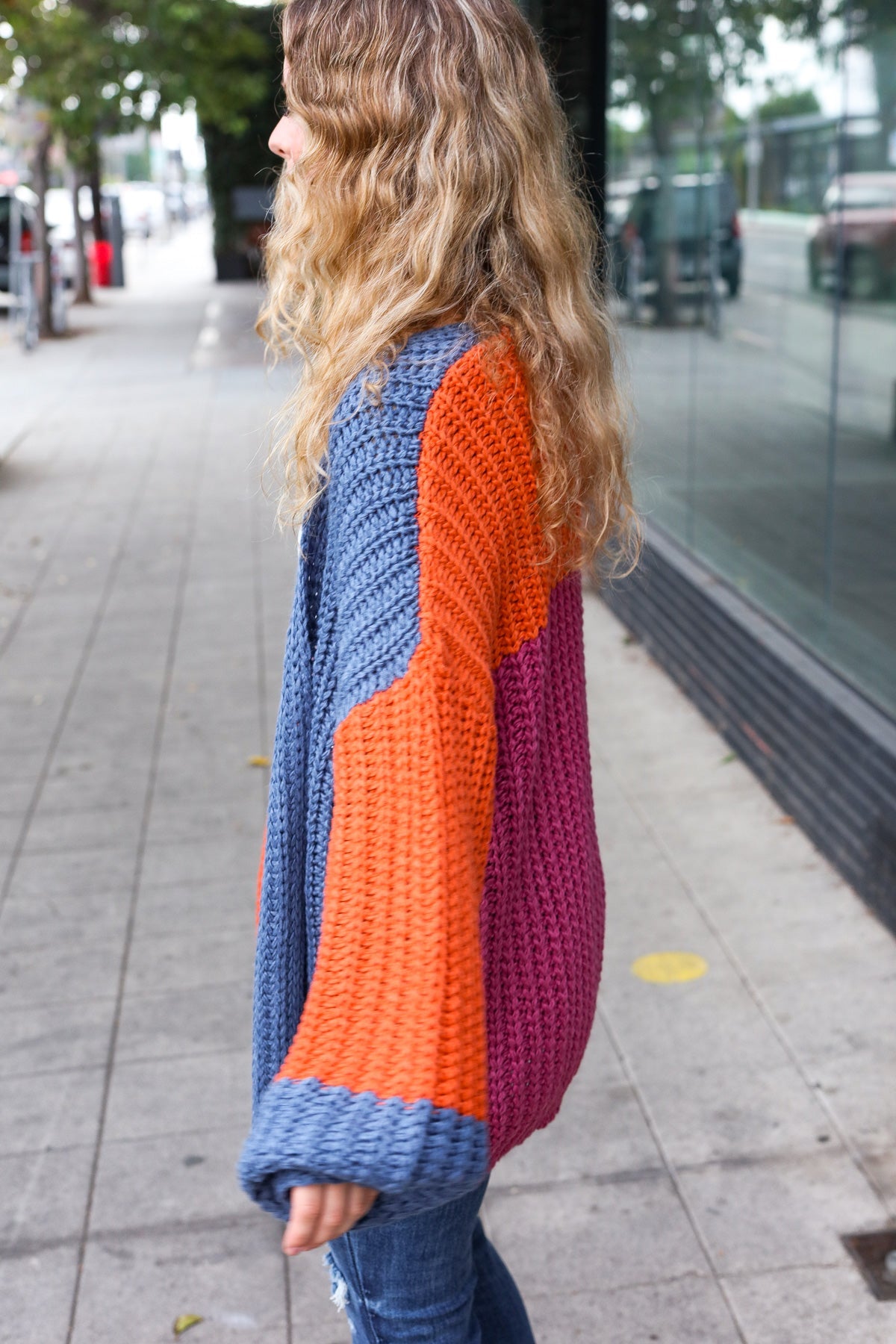 Maxct &Dazzle In Magenta & Navy Chunky Knit Color Block Cardigan
