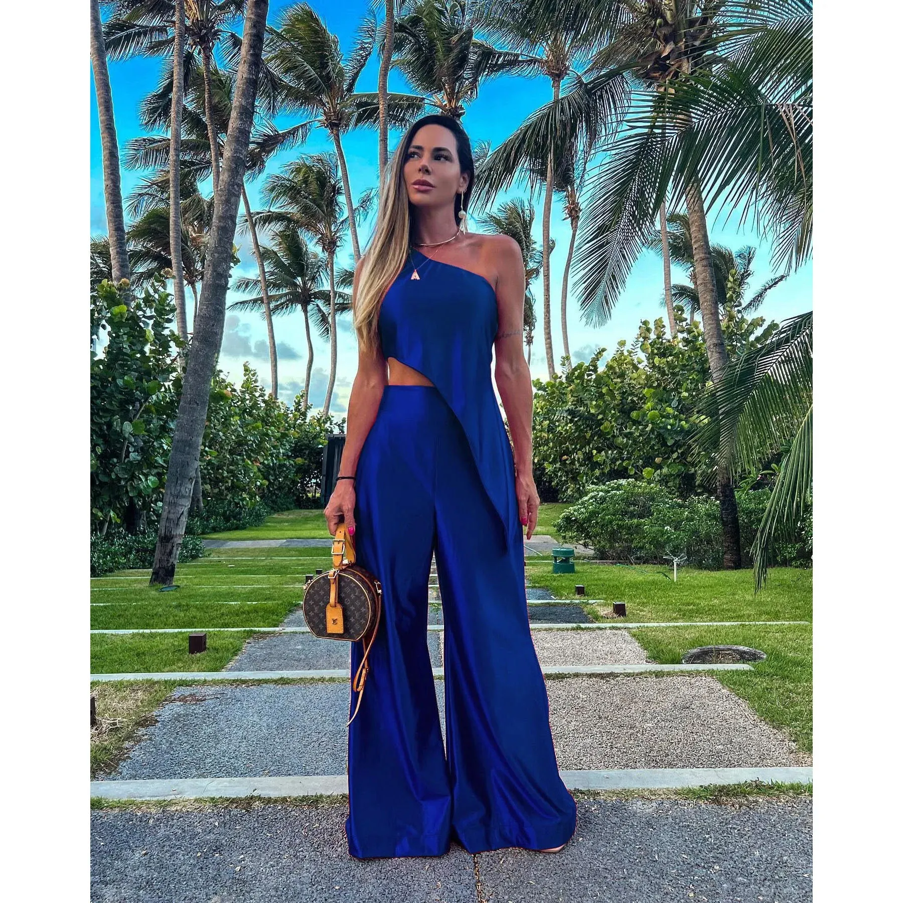 Maxct Solid Female Pant Two piece Set Skew Collar Sleeveless Top High Waist Wide Leg Pants Suit Elegant Evening Party Women Set