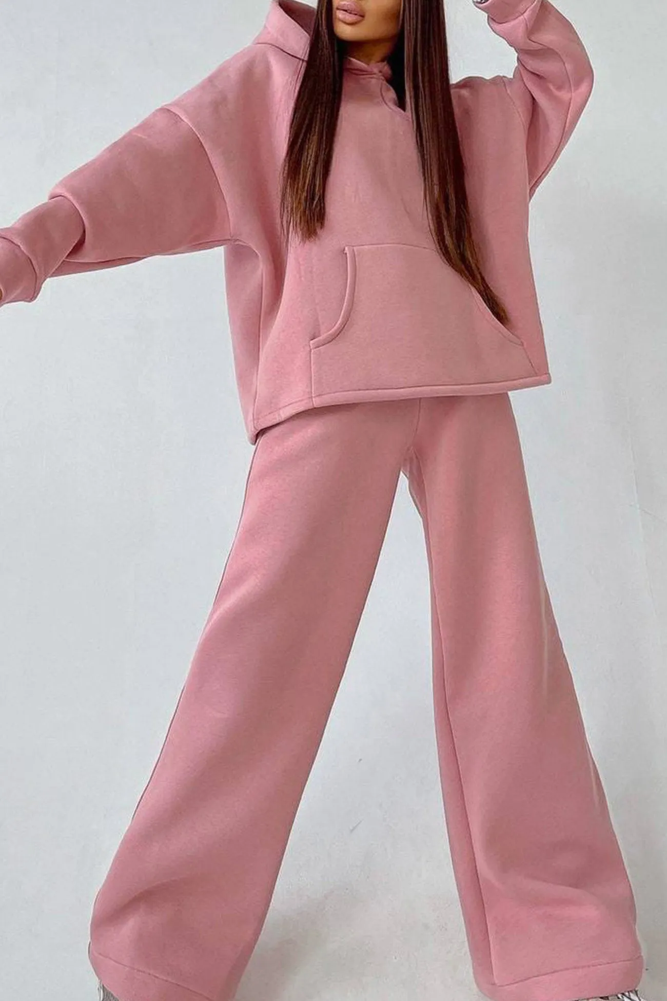 Maxct Solid Hoodie Wide Leg Long Pants Suits