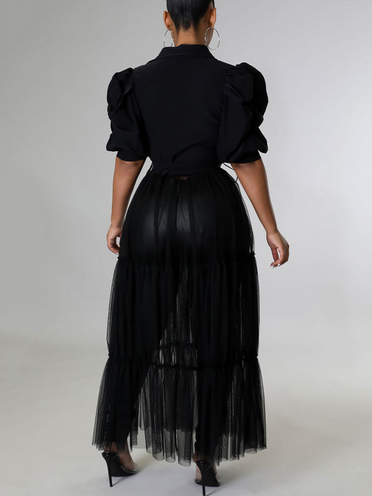 Long Sleeve Mesh Shirt Dress with Belt Maxct