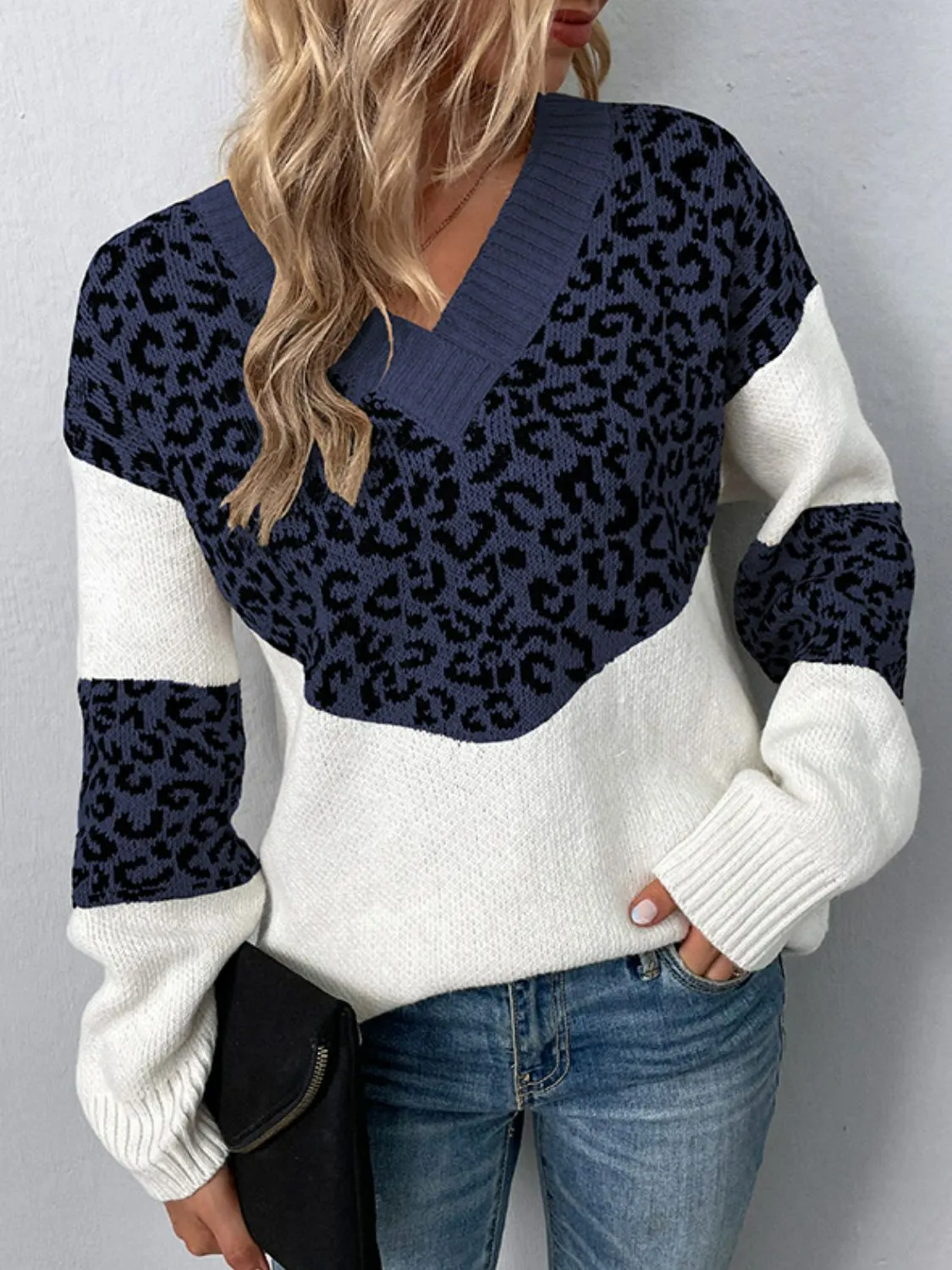 Maxct &Leopard V-Neck Dropped Shoulder Sweater